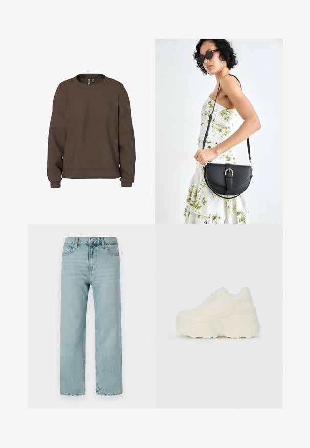 Rudas sportinis megztinis pagamintas iš minkštos medžiagos, su apvalia iškirpte, numestais petį ir banguotais rankogaliais, užtikrinančiais laisvą prigludimą. Paprastas, vientisos spalvos dizainas.; Šviesiai mėlyni plačiakojai džinsai, pagaminti iš džinsinio audinio, su klasikinio penkių kišenių dizainu, švariomis linijomis ir reguliariu liemeniu su mygtuko uždarymu.; Baltos platformos sportbačiai su lygiu odos primenančiu paviršiumi, apvalia forma, paminkštintu apykakle ir tekstūruotu guminiu padu su ryškiais protektoriais.; Juodas odinis krepšys su išlenkta forma, nuimamu dirželiu ir auksiniais detalėmis. Krepšys turi kilpą su sagtimi.