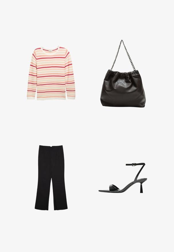 Maglietta a maniche lunghe con righe in crema orizzontali rosa, corallo e rosso. Collo rotondo e vestibilità rilassata con orlo dritto.; Pantaloni neri a gamba dritta, con tasche frontali e spacchi laterali all'orlo. Realizzati in tessuto morbido e liscio. Adatti a diverse occasioni.; Bershka Sandali con tacco - black; Borsa in pelle marrone con parte superiore arricciata e tracolla a catena. Texture liscia con finitura lucida e dettagli di cucitura sottili sui lati.