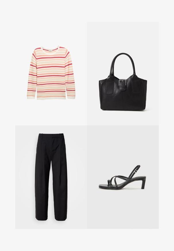 Haut à manches longues en crème, avec des rayures horizontales en rose, corail et rouge. Col rond et coupe décontractée avec ourlet droit.; Pantalons noirs avec une coupe décontractée, un devant plissé et des passants de ceinture. Tissu lisse et jambes droites, avec des poches latérales.; Sandale noire à lanières avec un bout carré et un petit talon bloc. Elle présente plusieurs fines lanières et une sangle de cheville ajustable. Fabriquée en cuir lisse.; Sac fourre-tout en cuir noir avec une texture lisse, une forme structurée, deux poignées et un détail en boucle argentée proéminent à l'avant.