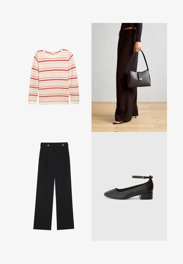 Haut à manches longues en crème, avec des rayures horizontales en rose, corail et rouge. Col rond et coupe décontractée avec ourlet droit.; Pantalons larges noirs à taille haute, avec des détails de boutons à la taille et des plis sur le devant.; Escarpin en cuir noir avec un bout pointu et un petit talon bloc. Doté d'une bride de cheville avec une boucle dorée. Texture lisse.; Sac à main noir à la forme structurée, texture lisse et fermoir métallique. Associé à un pantalon noir ample et des sandales ouvertes sur un sol en bois.