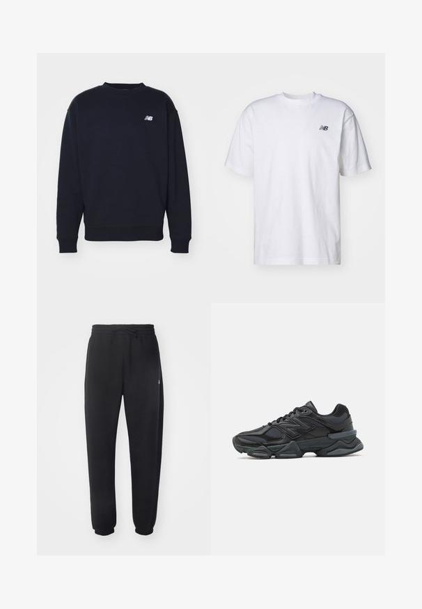 Sudadera azul marino fabricada en tejido suave, con cuello redondo, puños acanalados y un pequeño logo blanco de "N" en el pecho. Diseño simple y clásico.; Camiseta blanca de manga corta con cuello redondo y un pequeño logo negro de New Balance en el lado izquierdo del pecho, sobre un fondo simple.; Pantalones de chándal negros hechos de un material suave, con una cintura elástica, cordón y puños acampanados, con un sutil logotipo en el lateral.; Zapatilla de running negra que presenta una combinación de malla y materiales sintéticos, suela gruesa, diseño curvado y una marca prominente en el costado.