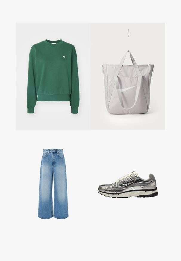 Carhartt WIP CASEY - Mikina - sycamore tree/silver; Černý dlouhý rukáv cropped top s žebrovanou strukturou, širokým výstřihem a přiléhavým siluetou, s jemným akcentem loga značky.; Světle modré široké džíny z denimu, s vysokým pasem, zapínáním na knoflík a jemným blednutím s čistými okraji nohavic.; Stříbrná a černá sportovní obuv s vrchní částí z mesh a syntetických materiálů, objemným designem a texturovaným povrchem. Obsahuje polstrovaný límec a gumovou podrážku.; Šedá taška přes rameno s vyztuženými uchy, přední kapsou na zip a bílým logem Nike swoosh. Vyrobena z odolné tkaniny s hladkou texturou.