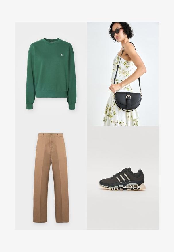 Carhartt WIP CASEY - Sweatshirt - sycamore tree/silver; Bruna bomullsbyxor med rak ben design, som har knappstängning, bältesöglor och minimala sömmar för ett rent utseende.; Svart sportskor med en texturerad överdel, tre silverränder och en distinkt stötdämpande sula med flera integrerade sektioner.; Svart läderhandväska med en böjd form, avtagbar rem och guldiga detaljer. Väskan har ett lock med en spänndetalj.