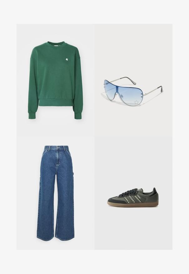 Carhartt WIP CASEY  - Melegítőfelső - sycamore tree/silver; Széles szárú, kék farmernadrág magas derékkal, kontrasztos varrással és oldalsó zsebekkel, klasszikus öt zsebes kialakítással és nyers szegéllyel.; adidas Originals SAMBA OG - Sportcipő - core black/legend earth/gum; Pilóta napszemüveg, melynek áttetsző kék lencséje, ezüst fém kerete és díszes csillag díszítések találhatók a lencsén. Simogató és elegáns dizájn.