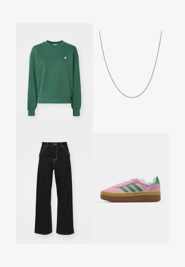 Carhartt WIP CASEY - Sweatshirt - sycamore tree/silver; Black wide-leg jeans made of denim, featuring contrasting white stitching and a front button closure, with two angled front pockets.; Pink suede sneakers with green stripes, white accents, and a brown rubber sole. Features textured fabric and logo detailing on the side.; Silver chain necklace with a smooth, round flat link design. Features a shiny finish and measures approximately 20 inches in length.