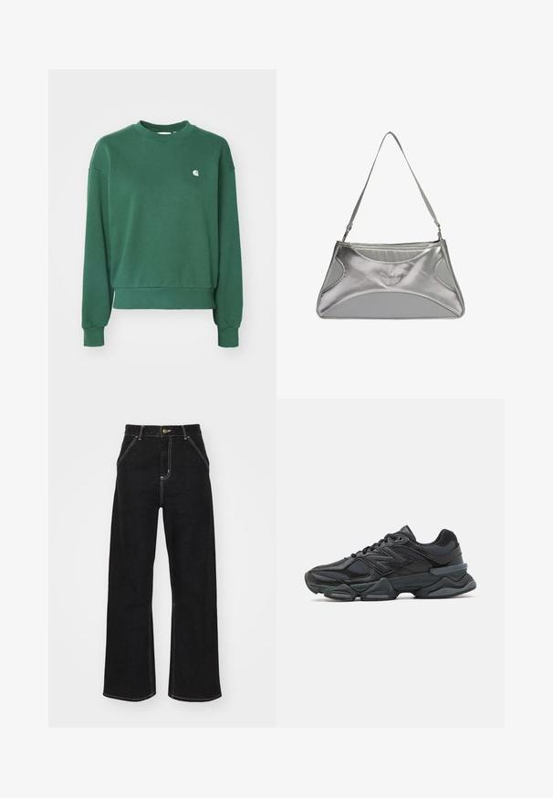 Carhartt WIP CASEY - Sportska majica - sycamore tree/silver; Crne široke traperice izrađene od denima, s kontrastnim bijelim šavovima i prednjim kopčanjem na dugme, s dva koso oblikovana prednja džepa.; Crne trkačke tenisice izrađene od kombinacije mrežastih i sintetičkih materijala, s debelim potplatom, zakrivljenim dizajnom i istaknutim brendom sa strane.; Srebrna metalik torba s elegantnim, strukturiranim dizajnom, koja ima teksturirano tijelo, naramenicu i istaknut logotip.