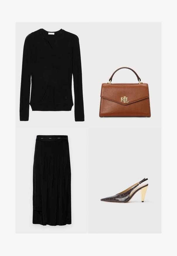 sandro Strikkegenser - noir; Svart midiskjørt med plisseringer, en jevn tekstur og et bredt liv med en subtil merkevarelogo. Enkelt design og gulvlengde.; Spenne-punktet hæl i mørkebrun, blank faux krokodillelær. Har en gullfarge geometrisk hæl og justerbar ankelstropp.; Brun lærveske med en strukturert design, topphåndtak, gullfargede detaljer og logo på framsiden. Jevn tekstur.