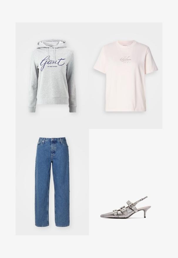 GANT SCRIPT HOODIE - Sweatshirt - light grey melange; Light pink cotton t-shirt with a crew neck, featuring a silver embroidered "Calvin Klein" logo and subtle "CK" design on the chest.; Light blue denim jeans with a high waist, straight leg design, five-pocket styling, and slightly faded texture. Rivet and button closure.; Metallic silver slingback heel with pointed toe, featuring three wide straps and square metallic buckles. Glossy texture and slim heel.