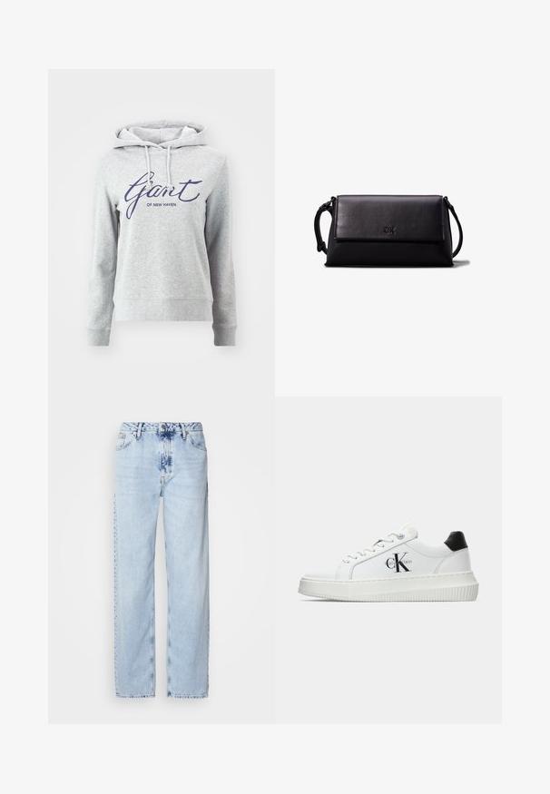 GANT SCRIPT HOODIE - Pusa - light grey melange; Heledad sinise värvi laiad teksad, mis on valmistatud denimist, kõrge vöökoht, pleekinud pesu ja peen tie-dye muster ettepoole.; Valge madalate sokkidega jooksutoss, millel on must konts, platvormi tallad, paelad ja Calvin Kleini "CK" logo küljel.; Mustast nahkclutch, millel on ristkülikuline kuju, sile tekstuur, lame klappkinnitus ja väike käepide külgedel. Omab peenelt logo.