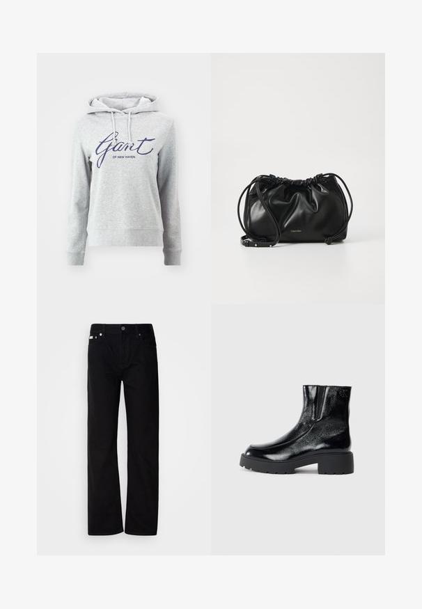 GANT SCRIPT HOODIE - Sweatshirt - light grey melange; Svart denim rettfittede bukser med fem lommer, sølvnitter og knappestolpe. Stoffet har en glatt, lett teksturert overflate.; Svarte ankelstøvler med en blank lakkfinish, kraftig svart gummisåle og hevet hæl; inkluderer subtile logo-detaljer på siden.; Svart lærveske med samlet design, dobbel snoråpning og avtagbar skulderrem. Har metallisk logodetalj.