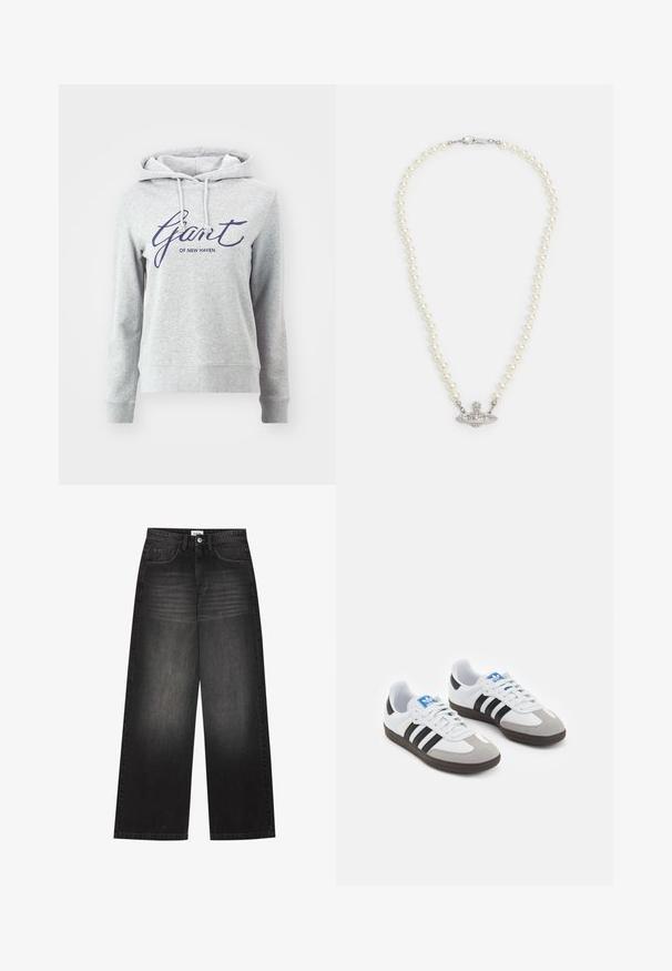 GANT SCRIPT HOODIE - Sweatshirt - light grey melange; YOURTURN UNISEX - Baggy jeans - black denim; Sportsko med en overdel i hvid læder, grå ruskind på tåen og tre sorte striber. Har et blåt logo på tungen og en struktureret gummisål.; Perlehalssmykke med en sølvfarvet lås. Har runde hvide perler og en dekorativ, rhinsten-besat midte.