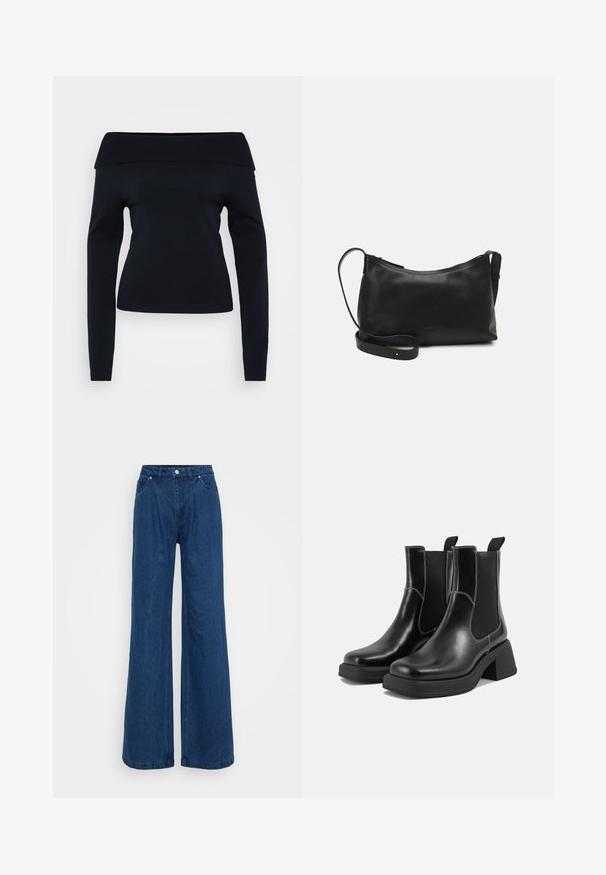 Navy zils off-the-shoulder džemperis ar garām piedurknēm, ribinātu apkakli un gludu adījuma tekstūru, piedāvājot pieguļošu siluetu.; Platas kājas zila denim bikses ar augstu jostasvietu, priekšējo pogu un slēgšanu ar rāvējslēdzēju, kā arī priekšējām un aizmugurējām kabatām uz vienkārša fona.; Melni ādas Čelsijas zābaki ar masīvu papēdi, elastīgām sānu panelēm un kontrastējošu balto šuvumu. Teksturēts apdare.; Melna ādas plecu soma ar gludu tekstūru, izliekta forma, regulējama siksna un rāvējslēdzēja aizdare. Minimālistisks dizains bez rotājumiem.