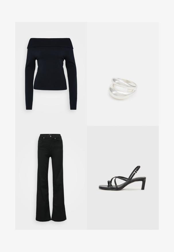 Marineblaues schulterfreies Sweatshirt mit langen Ärmeln, geripptem Ausschnitt und glattem Strickmaterial, das eine figurbetonte Silhouette aufweist.; Schwarze, ausgestellte Jeans aus Denim, mit hoher Taille, fünf Taschen und Metallknopfverschluss. Glatte Textur mit minimaler Gestaltung.; Schwarze Sandale mit Riemchen, quadratischer Zehenform und niedrigem Blockabsatz. Verfügt über mehrere dünne Riemen und einen verstellbaren Knöchelriemen. Hergestellt aus glattem Leder.; Silberner Doppelring mit einer glatten, polierten Oberfläche. Verfügt über ein fließendes, kurviges Design mit überlappenden Abschnitten für einen modernen Look.