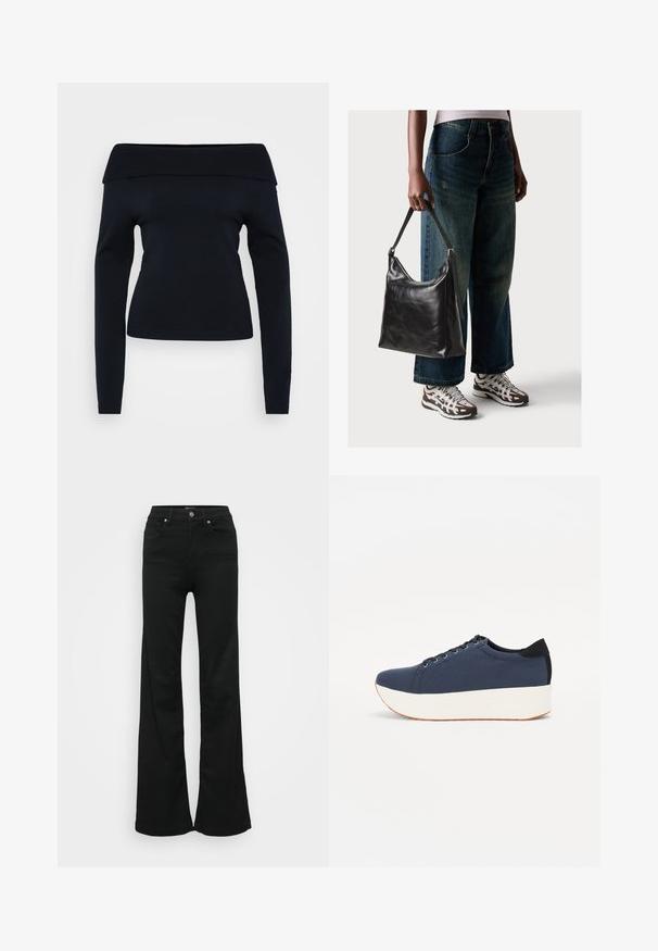 Pull marine décolleté avec des manches longues, un col côtelé et une texture tricot lisse, affichant une silhouette ajustée.; Jean noir évasé en denim, doté d'une taille haute, de cinq poches et d'une fermeture à bouton en métal. Texture lisse avec un minimum de détails.; Baskets bleu marine avec un upper en tissu texturé, semelle plateforme blanche, bout arrondi et accent noir au talon. Dispose de six œillets pour les lacets.; Sac à bandoulière en cuir noir avec une texture lisse et une bandoulière réglable, associé à un jean ample décoloré et des baskets de sport.