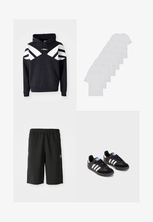 Sweat-shirt à capuche noir avec des rayures blanches diagonales sur la poitrine et les manches, poche avant et logo sur le haut de la poitrine.; T-shirts en coton blanc, à manches courtes, design col rond, texture uniforme, empilés en rangée, avec un logo subtil au niveau de l'encolure.; Shorts en coton noir avec une taille élastique, des coutures latérales et un petit logo blanc sur la jambe gauche. Texture lisse, longueur genou.; Des baskets noires avec une tige en suède et en matériaux synthétiques, dotées de trois rayures blanches, d'une semelle en caoutchouc texturé et d'une étiquette de logo bleue sur la languette.