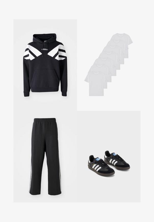 Sweatshirt preto com capuz, apresentando riscas diagonais brancas no peito e nas mangas, bolso frontal e logótipo na parte superior do peito.; T-shirts brancos de algodão, mangas curtas, design de gola redonda, com textura lisa, empilhados em fila, com uma marcação subtil na gola.; Calças de moletom pretas com um cós elástico, apresentando riscas laterais brancas e um corte descontraído. Feitas de um tecido macio e elástico.; Sneakers pretos com parte superior em camurça e sintético, apresentando três riscas brancas, sola de borracha texturizada e etiqueta azul no linguete.