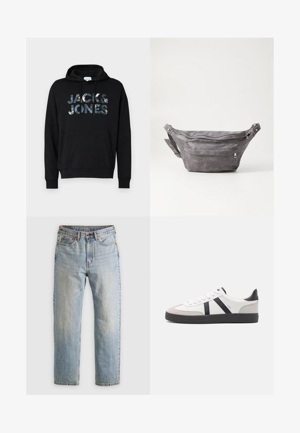 Czarna bluza z kapturem ze sznurkiem. Posiada duże, wzorzyste logo "JACK & JONES" z przodu. Materiał wydaje się miękki o gładkiej strukturze.; Jasnoniebieskie dżinsy z wysokim stanem, z guzikiem z przodu, zamkiem błyskawicznym i pięcioma kieszeniami, ułożone na płasko na neutralnym tle.; Białe sneakersy z czarnymi i szarymi akcentami, z teksturowanym szarym czubkiem, czarną gumową podeszwą i płaskimi białymi sznurowadłami. Czysty design, minimalistyczny styl.; Szara zamszowa saszetka biodrowa o zaokrąglonym kształcie, z dwoma zasuwanymi komorami i regulowanym paskiem. Wyróżnia się metalowymi akcentami.