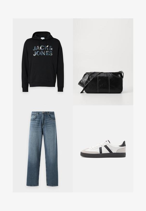 Juodas džemperis su raišteliais kapuce. Priekyje yra didelis, raštuotas "JACK & JONES" logotipas. Medžiaga atrodo minkšta ir lygi.; Tiesi blue džinsai su tiesiomis kojomis, turintys nublukusią apdailą, su penkių kišenių dizainu, metaline saga ir diržo kilpomis. Tvirto vidutinio svorio audinys.; Balti sportbačiai su juodais ir pilkais akcentais, pasižymintys tekstūruotu pilku pirštų dangteliu, juoda gumine padais ir plokščiomis baltomis raišteliais. Švarus dizainas, minimalistinis stilius.; Juodas odinis pečių krepšys su užtrauktuku, turintis tekstūruotą paviršių, baltą siuvinėjimą ir dirželį su sidabinėmis metalinėmis detalėmis.