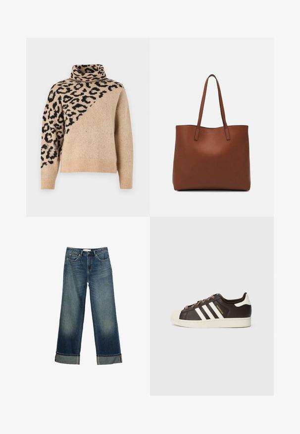 Beżowy sweter z golfem z diagonalnym czarnym wzorem w panterkę. Dzianinowa struktura z prążkowanymi mankietami i dołem. Długie rękawy, luźny krój.; Szerokie niebieskie dżinsy o lekko wyblakłym wykończeniu, pięć kieszeni, z podwiniętymi mankietami i kontrastowym przeszyciem. Gładka faktura.; Niskie trampki Adidas Superstar z ciemnobrązowej skóry z kremowym noskiem w kształcie skorupy, białymi paskami i napisem „Superstar” po boku.; Brązowa skórzana torba tote o gładkiej fakturze, z otwartym wierzchem i dwoma ramiączkami. Charakteryzuje się minimalnym przeszyciem i brakiem widocznych elementów metalowych.