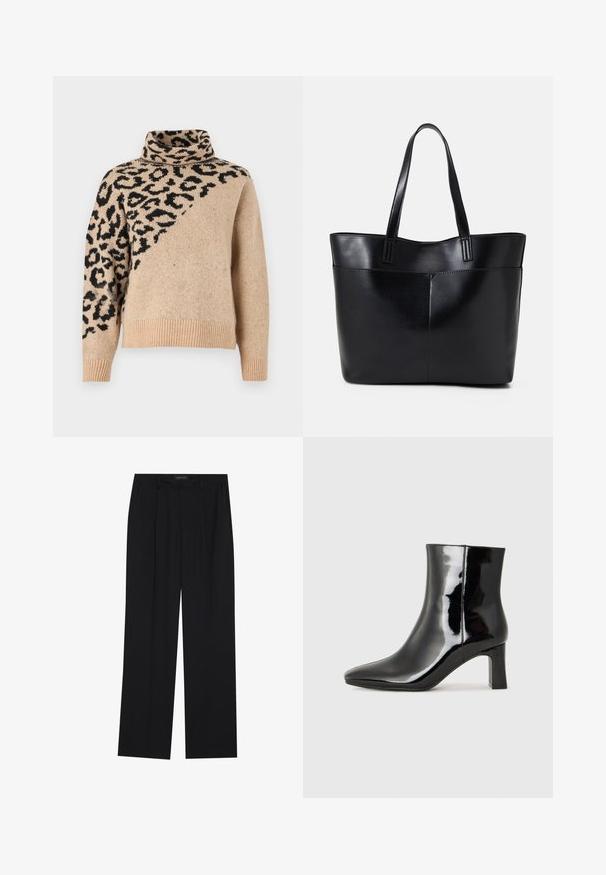 Béžový sveter s rolákom s diagonálnym čiernym vzorom leopardie. Pletená textúra s rebrovanými manžetami a lemom. Dlhé rukávy, voľný strih.; Čierne nohavice so strihom rovného nohu, s dvoma prednými vreckami a pásom. Vyrobené z hladkej, ľahkej textílie.; Čierne lakované členkové topánky s špicatou špičkou a stredne vysokým blokovým podpätkom. Hladká textúra a minimalistický dizajn.; Čierna kožená tote taška s dvoma dlhými rúčkami, hladkým povrchom a štruktúrovaným tvarom. Obsahuje prednú kapsu pre dodatočné uskladnenie.