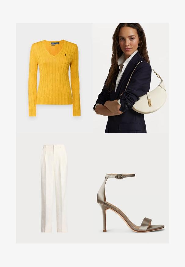 Polo Ralph Lauren CABLE KNIT COTTON V NECK SWEATER - Strickpullover - gold bugle; Polo Ralph Lauren HEMP WIDE LEG PANT - Stoffhose - nevis; Satin High Heel Sandale in Silber mit Fußgelenkriemen und dekorativer Schnalle. Offene Zehen und schlankes, elegantes Design.; Weißes Lederhandtasche mit geschwungener Form, goldenen Beschlägen und strukturiertem Finish, getragen über einem dunklen Blazer und einem weißen Hemd.