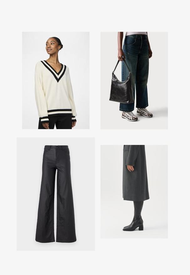 YAS YASPOLO PULLOVER - Džemperis - birch; Juodos, plačios kelnės iš dirbtinės odos. Yra aukštas liemuo, kilpelės diržui, dvi priekinės kišenės ir siuvinėti detalėmis.; Pilkas pritaikytas paltas su tiesiu kirpimu; derinamas su juodais odiniais batais iki kelių, turinčiais kvadratinį pirštą ir storą kulną.; Juodas odinis peties krepšys su lygiu paviršiumi ir reguliuojama dirželiu, derinamas su nublukusiais plačiapurčiais džinsais ir sportiniais batais.