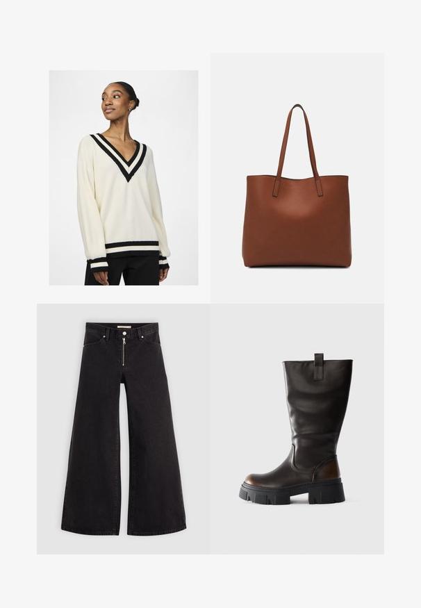 YAS YASPOLO PULLOVER - Jumper - birch; Wide-leg jeans in black denim with a zippered front, five-pocket design, and subtle stitching details. Smooth texture and casual style.; Tall black leather boot with chunky black platform sole and brown accent on heel, side view on light gray background.; Brown leather tote bag with a smooth texture, open top design, and two shoulder straps. Features minimal stitching and no visible hardware.