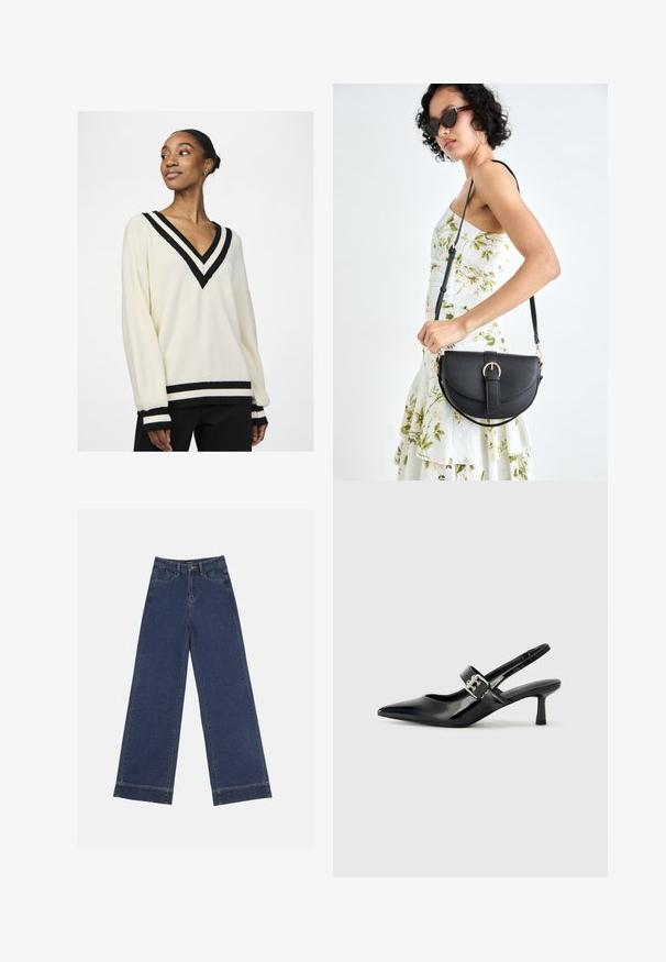 YAS YASPOLO PULLOVER - Strickpullover - birch; Weite Jeans in dunkelblauem Denim. Verfügt über fünf Taschen, Gürtelschlaufen und einen rohen Saum am unteren Ende mit sichtbaren Nahtdetails.; Schwarze Lackleder Slingback-Absätze mit spitzem Zeh und kleinem Blockabsatz, ausgestattet mit einem silbernen Schnallenakzent am Riemen.; Schwarze Lederhandtasche mit geschwungener Form, abnehmbarem Tragegurt und goldenen Beschlägen. Die Tasche verfügt über einen Deckel mit einer Schnallen-Details.