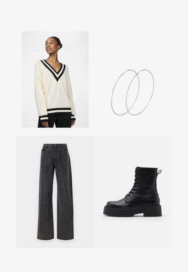 YAS YASPOLO PULLOVER - Maglione - birch; Noisy May NMJANNEL LOOSE - Jeans baggy - black denim; Stivaletti in pelle nera alla caviglia con punta rotonda, lace-up frontale e suola in gomma spessa con battistrada textured. Tassello sul retro.; Orecchini a cerchio in argento con un design minimalista. Forma circolare, superficie liscia e profilo sottile. Leggeri con una finitura lucida.