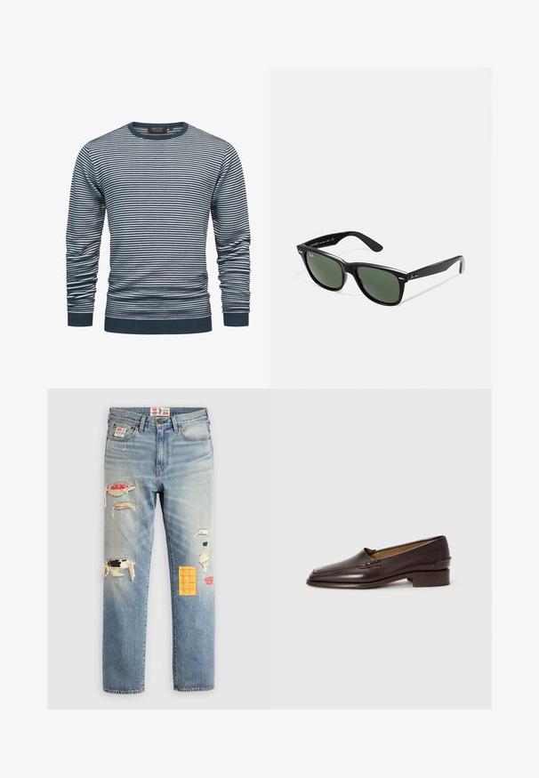 Camicia a maniche lunghe a righe in navy e bianco, con colletto e polsini a costine. Il tessuto è morbido, con righe orizzontali su tutta la superficie.; Maglietta bianca a maniche lunghe con scollatura rotonda, realizzata in tessuto morbido, caratterizzata da una vestibilità comoda e senza loghi o motivi visibili.; Jeans in denim blu chiaro con vestibilità rilassata, caratterizzati da toppe strappate in vari colori e motivi, inclusi accenti arancioni e rossi.; Mocassini in pelle marrone con punta leggermente appuntita, tacco basso e impunture decorative sulla parte superiore. Texture liscia, design minimalista.; Occhiali da sole in plastica nera con lenti verdi, montatura quadrata, dettaglio argento sulla parte superiore e steli con texture. Marchio indicato sulla parte interna dello stelo.