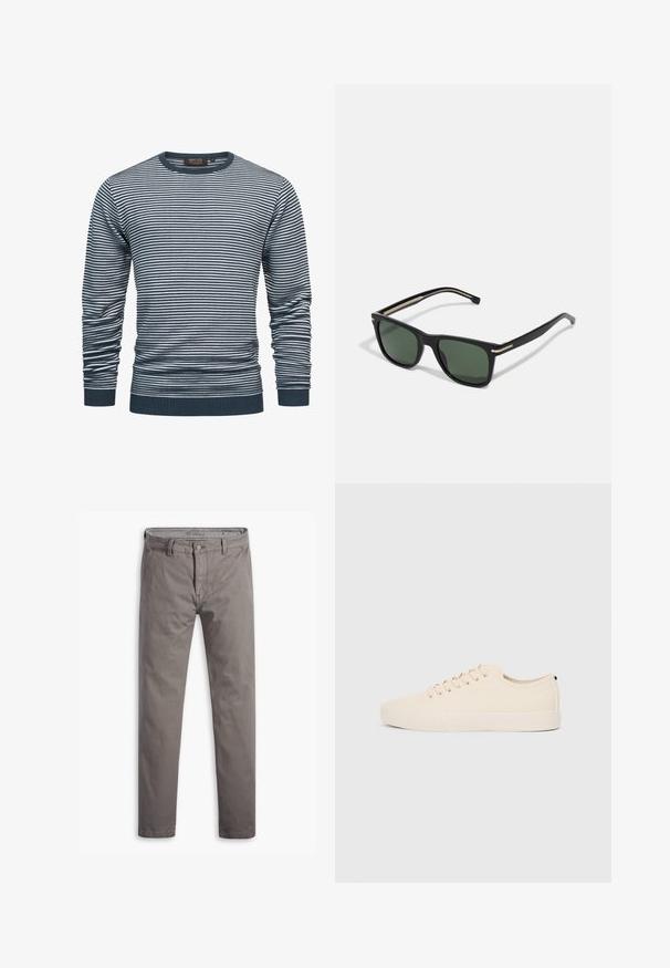 Camicia a maniche lunghe a righe in navy e bianco, con colletto e polsini a costine. Il tessuto è morbido, con righe orizzontali su tutta la superficie.; Chino grigi con una texture liscia, design a gamba dritta, stile a cinque tasche standard e bottone metallico in vita.; Sneaker in tela beige con punta rotonda, suola in gomma piatta e lacci sulla parte anteriore. Presenta un design minimalista e un accento nero a contrasto sul tallone.; BOSS Occhiali da sole - black