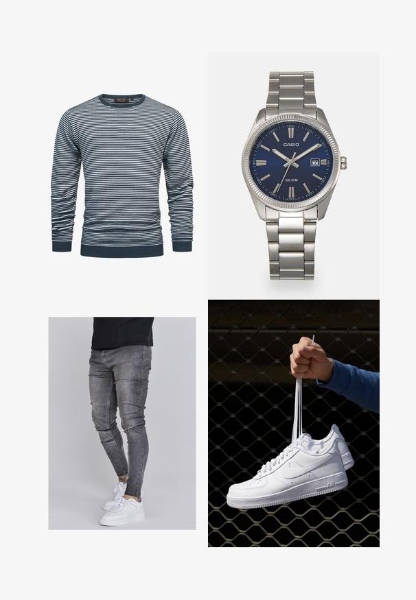 Stribet langærmet skjorte i navy og hvid, med ribbet halsudskæring og manchetter. Stoffet er blødt, med vandrette striber over det hele.; Slank jeans i falmet grå denim med slidte detaljer ved knæene, parret med hvide sneakers. Glat tekstur, slim fit design.; Hvide lædersneakers med perforeringer, rund tå, flad sål og tykke snørebånd, med et synligt swoosh-logo og "AIR" på hælen.; Sølv rustfrit stål urrem med en marineblå urskive, metallic timemarkører og et datovindue kl. 3. Vandafvisende op til 50 meter.