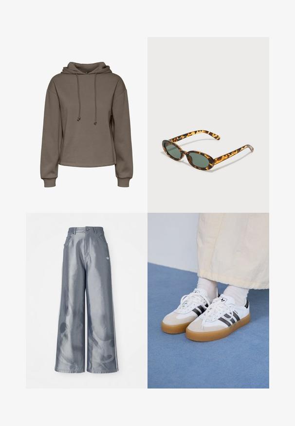 Brun hettegenser med snor, vide ermer og kort design. Myk tekstur med ribbede mansjetter og rett avslutning.; Vide benbukser i skinnende grå materiale, med hvide sidestriber og et flammemønster på de nederste ben. Knap- og lynlåslukning i taljen.; Hvite sneakers med svarte striper og beige semsket skinn-detaljer. Har en teksturert gummisåle og flate hvite snører, brukt med lyse sokker.; Skilpadde-skjell solbriller med ovale rammer, mørkegrønne linser og slanke stenger. Har en subtil logo på stangen.