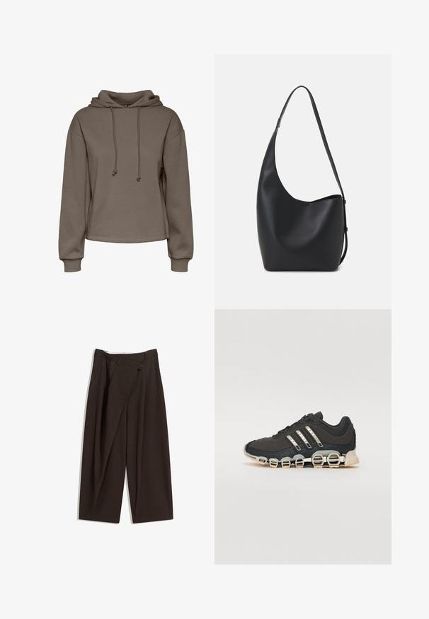 Smeđa dukserica s kapuljačom i špagama, širokim rukavima i skraćenim dizajnom. Mekana tekstura s rebrastim manžetama i ravnim rubom.; Tamno smeđe široke hlače s visokim strukom, s jednim dugmadi na zakopčavanju i pregibom sprijeda. Izrađene od laganog materijala.; Crne atletske tenisice s teksturiranim gornjim dijelom, tri srebrne pruge i posebnim potplatom s višestrukim integriranim sekcijama.; Crna kožna hobo torba s glatkom teksturom, zakrivljenim oblikom i jednom podesivom trakicom; ima širok otvor na vrhu.