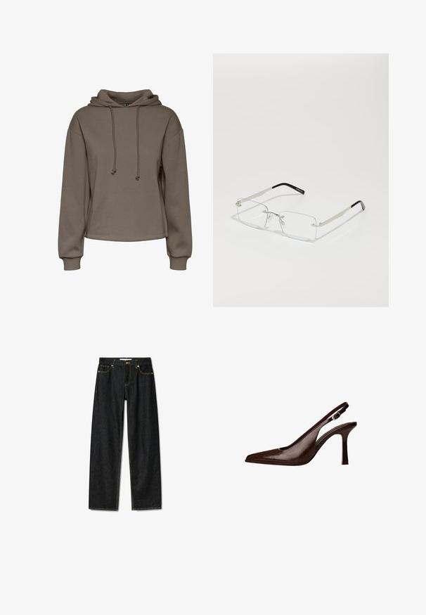 Felpa capucciata marrone con coulisse, maniche ampie e design cropped. Texture morbida con polsini a coste e orlo dritto.; Jeans in denim scuro con un design a gamba dritta, chiusura a bottone in ottone e cuciture gialle a contrasto. Presentano cinque tasche e una vestibilità classica.; Scarpa pump slingback in pelle marrone con punta affusolata e tacco sottile. Presenta una piccola fibbia decorativa sulla cinghia e una finitura lucida.; Occhiali rettangolari con lenti trasparenti, montatura in metallo sottile di colore argento e punte in acetato nero. Presentano un design elegante caratterizzato da un hardware minimale.