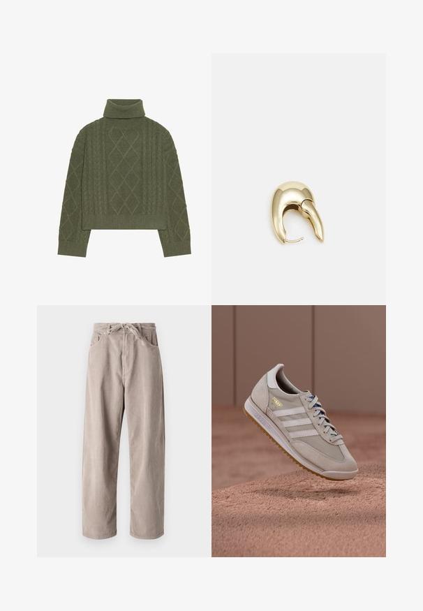 Olive green turtleneck sweater with cable knit texture, featuring diamond patterns and ribbed hem and cuffs.; Beige corduroy trousers with a loose fit, featuring a drawstring waist, two front pockets, and vertical ribbed texture.; Beige sneakers with suede and mesh upper, white three stripes, gum rubber sole, blue laces, and golden accent logo. Classic retro design.; Gold-tone metal earring with a sleek, curved design. Features a distinctive pointed shape, polished surface, and hinge closure.