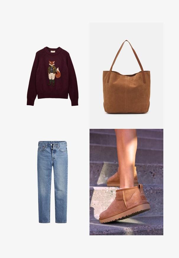 Burgunderfarbener Strickpullover mit einem Fuchs, der eine grüne Jacke, einen blauen Pullover, weiße Hose und grüne Stiefel auf der Vorderseite gestickt hat.; Helle blaue Jeans im geraden Schnitt, mit fünf Taschen und einem Knopfverschluss. Sie weisen dezente Verfärbungen und orangefarbene Nähte auf.; Beige Wildleder-Ankelstiefel mit weicher Textur, gesteppten Details und einer Gummisohle, ausgestattet mit einer Schlaufe an der Ferse für einfaches An- und Ausziehen.; Braune Wildleder-Tote mit zwei langen Henkeln, die eine glatte Textur, ein einfaches Design und keine sichtbaren Beschläge oder Akzente aufweist.