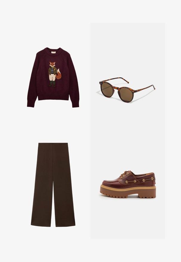 Burgundowy sweter dzianinowy z haftem przedstawiającym lisa w zielonej kurtce, niebieskim sweterze, białych spodniach i zielonych butach z przodu.; Szerokie spodnie wykonane z gładkiej, ciemnobrązowej tkaniny. Posiadają wysoki pas i minimalistyczny design bez ozdób.; Brązowe skórzane buty typu boat shoe z grubą brązową gumową podeszwą, złotymi oczkami i kontrastowym szwem. Posiadają logo na boku.; Okrągłe okulary przeciwsłoneczne z oprawką w kolorze żółwia i brązowymi soczewkami. Posiadają cienkie zauszniki z delikatną fakturą oraz metalowe akcenty w pobliżu soczewek.