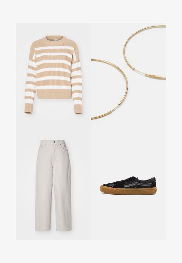 Pull en tricot rayé beige et blanc avec une texture côtelée, col rond et manches courtes. Matière douce, coupe décontractée, design casual.; Pantalon en coton beige à jambes larges avec une taille haute, fermeture par bouton et zip, et quatre poches ; texture lisse avec finition denim.; Baskets en suède noir avec coutures blanches et bande latérale signature, dotées d'une semelle en caoutchouc beige et d'un design bas. Lacées avec des lacets noirs.; Boucles d'oreilles en forme de créole dorées, fines et rondes, avec une finition métallique lisse et sans embellissements ni motifs.