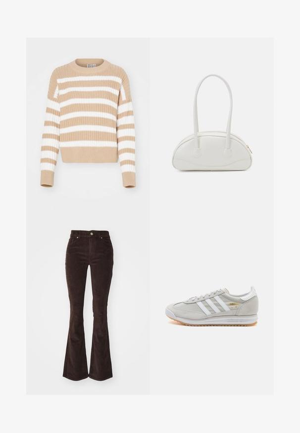 Pull en tricot rayé beige et blanc avec une texture côtelée, col rond et manches courtes. Matière douce, coupe décontractée, design casual.; Vero Moda VMFLASH FLARED PANTS - Pantalon classique - chocolate torte; Basket en cuir suédé et mesh gris clair, avec trois bandes blanches, bout rond et semelle en caoutchouc naturel. Accent logo doré près des lacets.; Even&Odd Sac à main - off-white
