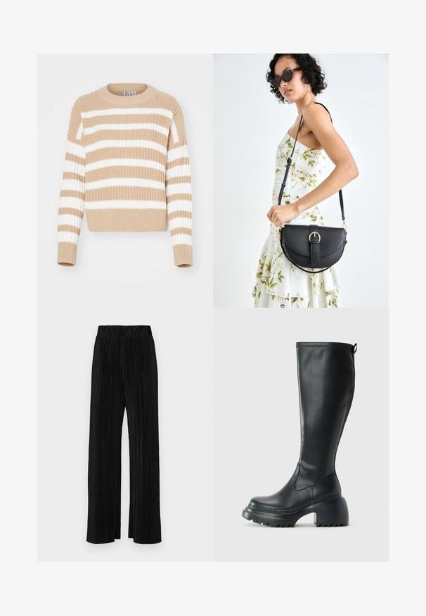 Bež i bijeli prugasti pleteni pulover s rebrastom teksturom, okruglim izrezom i skraćenim rukavima. Mekani materijal, ležeran kroj, svakodnevni dizajn.; Crne plisirane hlače s elastičnim pojasom. Imaju široke nogavice i glatku, teksturiranu tkaninu s vertikalnim prugama.; Visoke crne kožne čizme s debelim platformskim đonom i blok petom, s patentom za povlačenje i teksturiranim uzorkom na potplatu.; Crna kožna torba s lukovitim oblikom, odvojivim remenom i zlatnim detaljima. Torba ima preklop s kopčom.