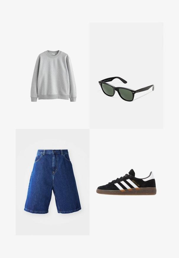 Felpa grigia con scollatura rotonda, polsini e orlo a costine. Realizzata in un tessuto morbido con una texture liscia, presenta un design semplice.; Bershka SHORT SLEEVE TAILORED - Camicia - dark grey; Shorts in denim con lavaggio blu, caratterizzati da un'alta vita, due tasche frontali e cuciture gialle lungo le cuciture.; Sneaker Adidas nere con strisce bianche, testo "Spezial" dorato, suola in gomma e tab sul tallone bianco, mostrato in veduta laterale.; Occhiali da sole in plastica nera con lenti verdi, montatura quadrata, dettaglio argento sulla parte superiore e steli con texture. Marchio indicato sulla parte interna dello stelo.