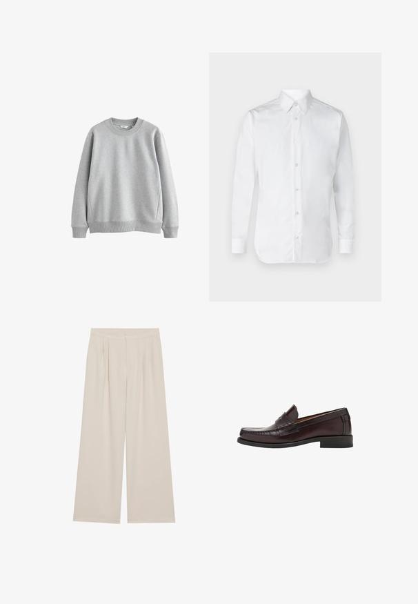 Felpa grigia con scollatura rotonda, polsini e orlo a costine. Realizzata in un tessuto morbido con una texture liscia, presenta un design semplice.; Camicia bianca con bottoni, maniche lunghe, realizzata in cotone morbido, con colletto classico e un leggero lucido. Cinque bottoni sul davanti.; Pantaloni beige a gamba larga con parte frontale liscia, pieghe e vita elastica. Realizzati in un tessuto leggero con una consistenza morbida.; Mocassini in pelle marrone con punta arrotondata, cuciture decorative sulla parte anteriore e suola in gomma piatta per supporto e durata.