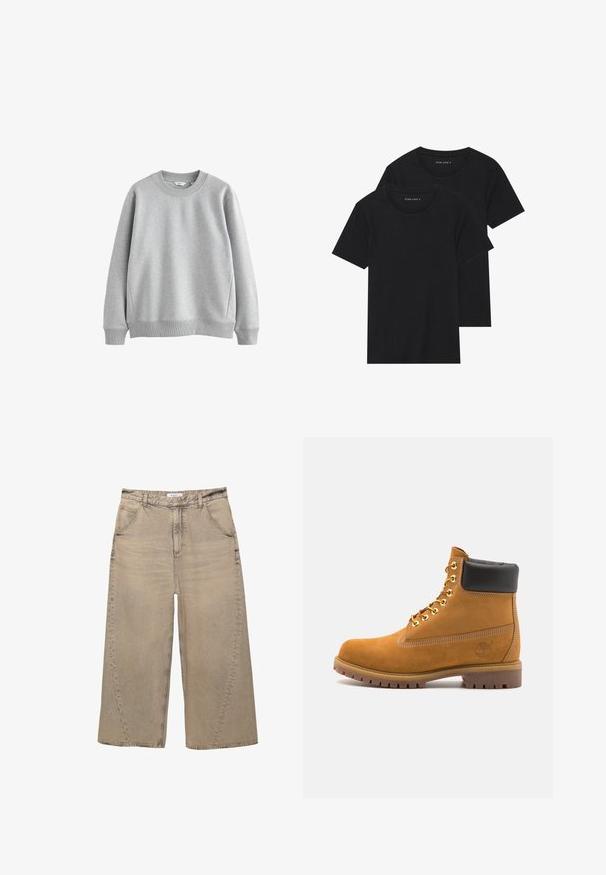 Felpa grigia con scollatura rotonda, polsini e orlo a costine. Realizzata in un tessuto morbido con una texture liscia, presenta un design semplice.; Due magliette nere di cotone a maniche corte, con scollatura rotonda e una texture liscia, esposte impilate insieme.; PULL&BEAR MEGA BAGGY - Jeans baggy - light grey; Stivale alla caviglia in suede tan con collare imbottito nero, occhielli in metallo dorato, dettagli in cucitura bianca e suola in gomma robusta con battistrada pronunciato.