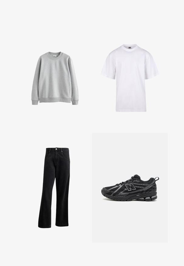 Harmaa collegepaita, jossa on pyöreä kaula-aukko, ribbireunat hihansuissa ja helmassa. Valmistettu pehmeästä kankaasta, jossa on sileä rakenne ja yksinkertainen muotoilu.; Valkoinen puuvillapaita, jossa on pyöreä kaula-aukko, lyhyet hihat ja rento leikkaus. Ominaisuuksina yksinkertainen muotoilu ilman kuvioita tai yksityiskohtia.; Musta farkkutakki suoralla lahje muotoilulla, jossa on etutaskut, nappisuljenta ja hieno rakenne. Mukana on huomaamaton logotyyppinen yksityiskohta.; Mustat urheilukengät verkkopintalla, näkyvällä logolla, tekstuuripohjalla ja pehmustustoiminnoilla. Suunniteltu tukemaan ja hengittämään.