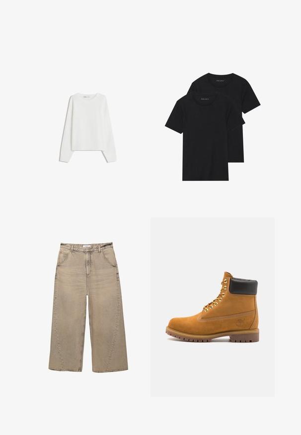 Bershka Pulover - white; Două tricouri negre din bumbac cu mâneci scurte, cu guler rotund și o textură netedă, expuse suprapuse.; PULL&BEAR MEGA BAGGY - Blugi largi - light grey; Cizmă de gleznă din întoarsă de culoare bej, cu guler negru căptușit, ochiuri din metal auriu, detalii de cusătură albă și talpă din cauciuc robustă, cu un model pronunțat.