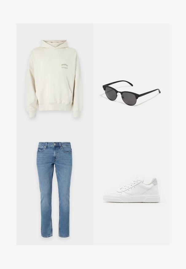 Helle Creamfarbene Kapuzenjacke mit einer Fronttasche, gerippten Bündchen und Saum. Auf der linken Brust befindet sich der Schriftzug "ORIGINALS STUDIO" in goldener Schrift.; Blaue gerade geschnittene Denim-Jeans mit Fronttaschen, Gürtelschlaufen und Knopfverschluss.; Weiße Leder-Sneaker mit glatter Oberfläche, rundem Zehenbereich, flachen Schnürsenkeln und strukturiertem Schuhsohlen. Graues Wildleder-Detail an der Ferse.; Schwarze Sonnenbrille mit runden Gläsern, matter Oberfläche und markanter Cat-Eye-Form. Schlanke Bügel mit dezenter Markenkennzeichnung am linken Schläfenstück.