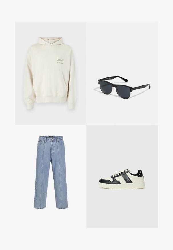 Crème kleurige hoodie met een voorzak, geribde manchetten en onderkant. Voorzien van "ORIGINALS STUDIO" in gouden print op de linkerkant van de borst.; Lichtblauwe denim jeans met een losse pasvorm, wijde benen en zichtbare stiksels. Voorzien van een knoop- en ritsluiting, vijf zakken.; Leren sneakers met een zwart en crèmekleurig kleurenschema, voorzien van geperforeerde accenten, een gevoerde kraag en een gestructureerde buitenzool.; Zwarte zonnebril met een rechthoekige vorm, donkere lenzen, zilveren accenten bij de slapen en een matte afwerking op het montuur.
