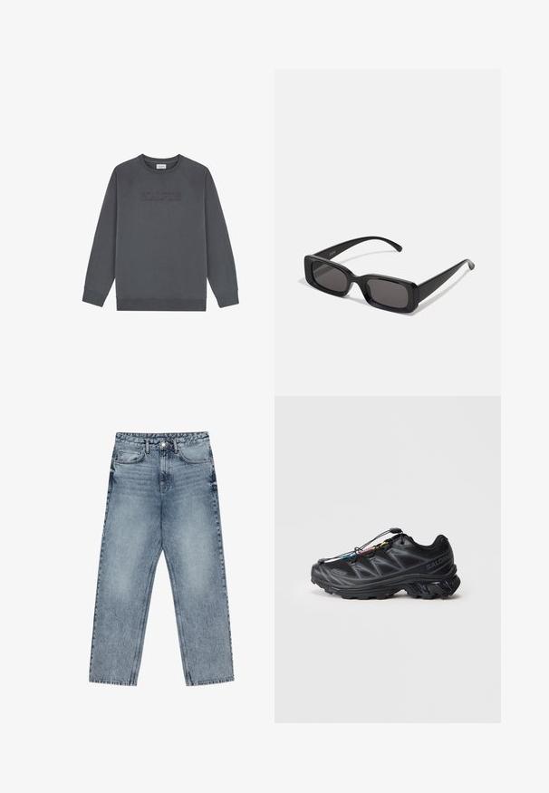 Scalpers PATCH - Sweatshirt - anthracite; Light blue denim jeans with a straight leg cut, visible stitching, five pocket design, and a button closure at the waist.; Black athletic shoe with a textured mesh upper, reinforced toe, and a quick-lace system. Features a rugged outsole and slight heel elevation.; Black rectangular sunglasses with dark lenses, glossy finish, wide arms, and a chunky frame design. Engraved brand name on one arm.