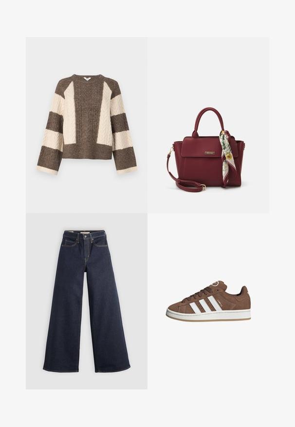 Ruskea ja kermavärinen neulottu villapaita, jossa on kaapelikuviointi hihoissa, lyhyempi malli ja leveä ribbireuna. Pyöreä pääntie, rento malli.; Valkoinen pitkähihaisten nappipaidan, jossa on terävä kaulus ja kerääntyneet hihansuut, esitelty yksinkertaisella valkoisella taustalla.; Lohkot vaaleat farkut tummansinisinä, joissa on kontrastoiva ompelu. Omistaa perinteisen viiden taskun muotoilun ja napin sulkemisen vyötäröllä.; Valkoiset nahkareunat ja ruskeat samettikankaiset tennarit, joissa on kumipohja, pyöreä kärki ja nauhakiinnitys edessä. Kengissä on logo kielekkeessä ja rei'itettyjä yksityiskohtia.; Burgundy laukku, joka on valmistettu synteettisestä materiaalista ja jossa on jäsennelty muotoilu. Laukussa on irrotettava hihna ja kukkakuosisia huiveja, jotka on sidottu kahvaan.